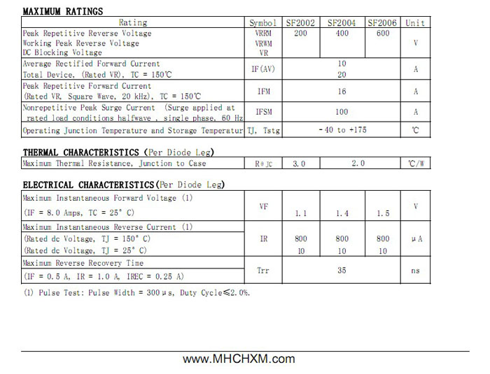 MHCHXM品牌超快恢复二极管SFF2006