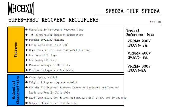 SFF806A超快恢复二极管参数规格书，MHCHXM品牌