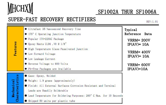 SFF1006A超快恢复二极管参数规格书，MHCHXM品牌