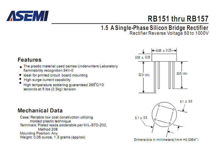 RB157，ASEMI品牌规格书参数下载